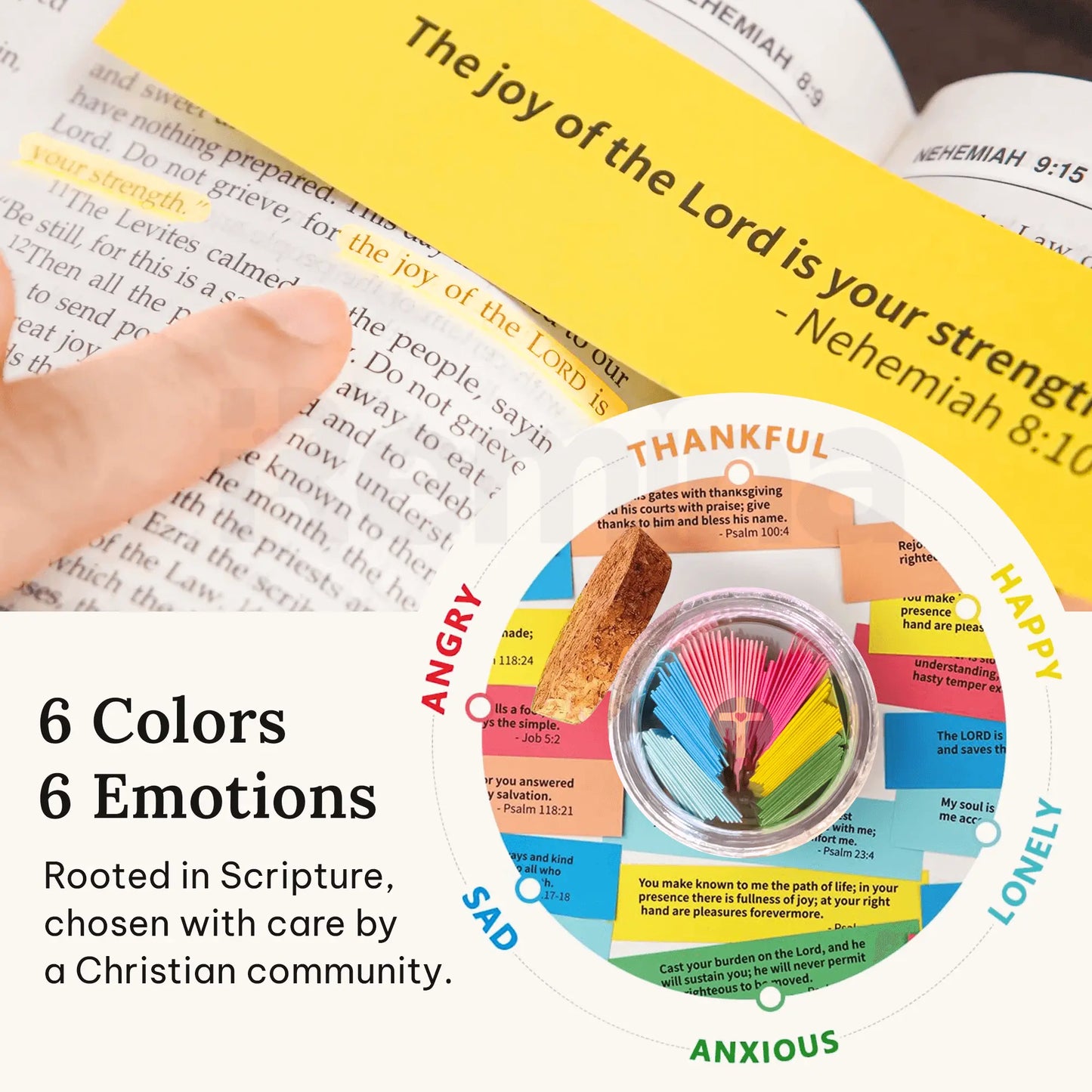 Bible verse from Nehemiah 8:10 highlighted with a yellow card reading “The joy of the Lord is your strength,” next to a graphic showing the six color-coded emotions represented in the Handmade Bible Verses Jar
