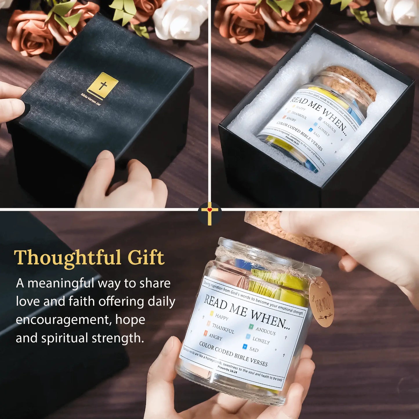 Three-step unboxing of the Handmade Scripture Jar showing it nestled in a padded black Christian Gift Box, emphasizing it as a meaningful and faith-based encouragement gift for women or loved ones.