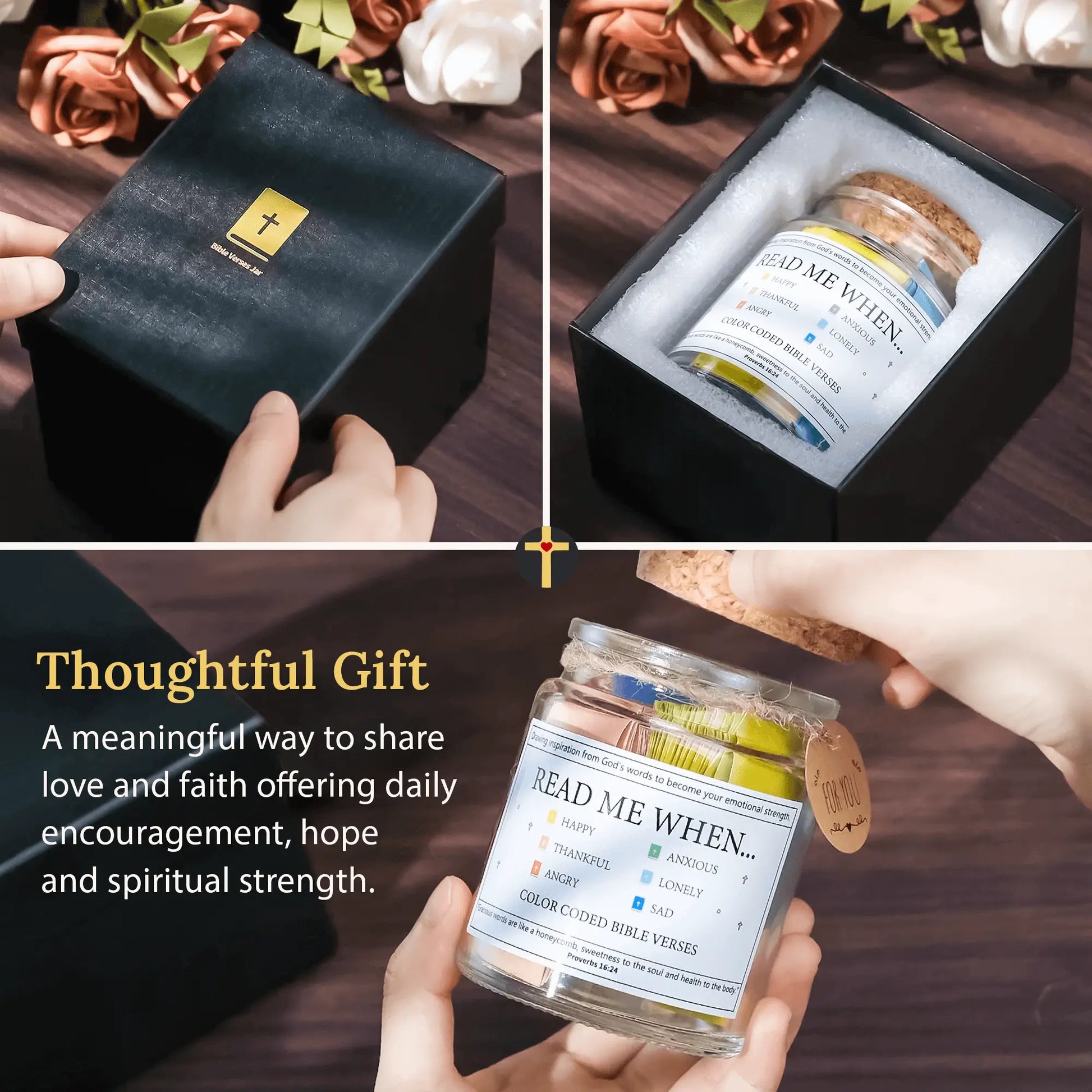 Three-step unboxing of the Handmade Scripture Jar showing it nestled in a padded black Christian Gift Box, emphasizing it as a meaningful and faith-based encouragement gift for women or loved ones.