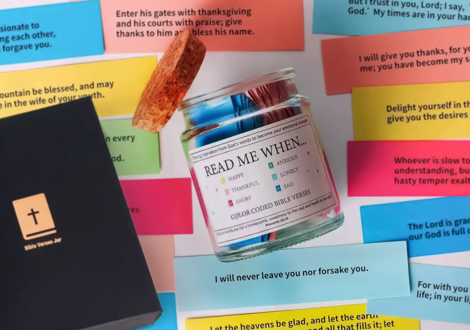 Remina handmade Bible verses jar with color-coded scripture cards for emotional support, shown with a Christian gift box and colorful Bible verse notes for gifting or daily encouragement