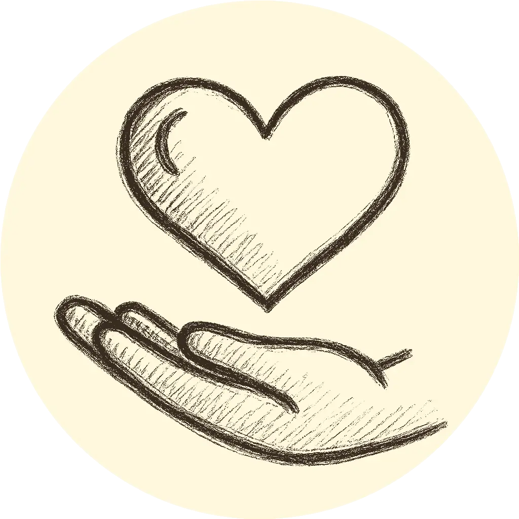 Hand holding a heart in a sketch style, illustrating handmade care and thoughtful craftsmanship