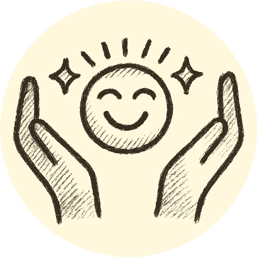 Sketched hands gently uplifting a smiling face with sparkles, representing emotional support and encouragement