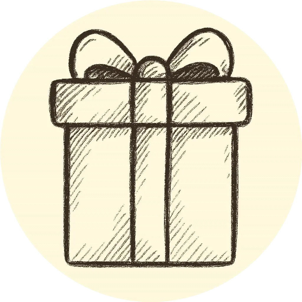 Simple line drawing of a gift box with a bow, representing ready-to-gift packaging